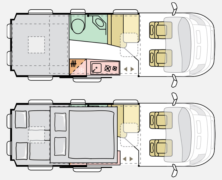 Notranja razporeditev avtodoma Adria Twin Sports 640 SGX Tent Top